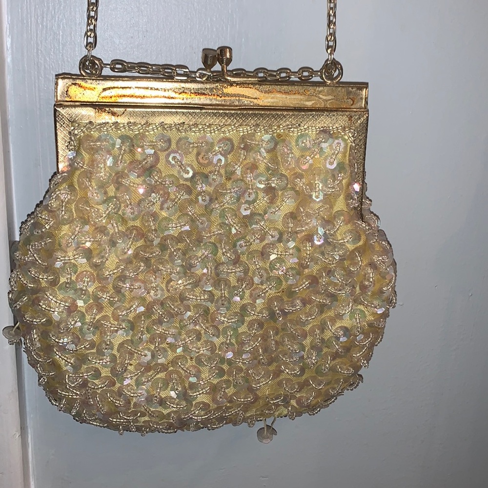 Circa 1940’s Lemon chiffon Yellow Sequin bag w Chain handle/strap